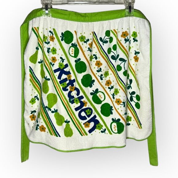 Vintage 1970s Royal Terry Kitchen Apples & Pears Green & White Terry Cloth Apron - Picture 12 of 12